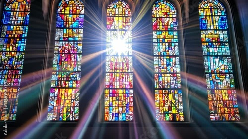 Light shines through colorful stained glass windows in a historic church during the afternoon