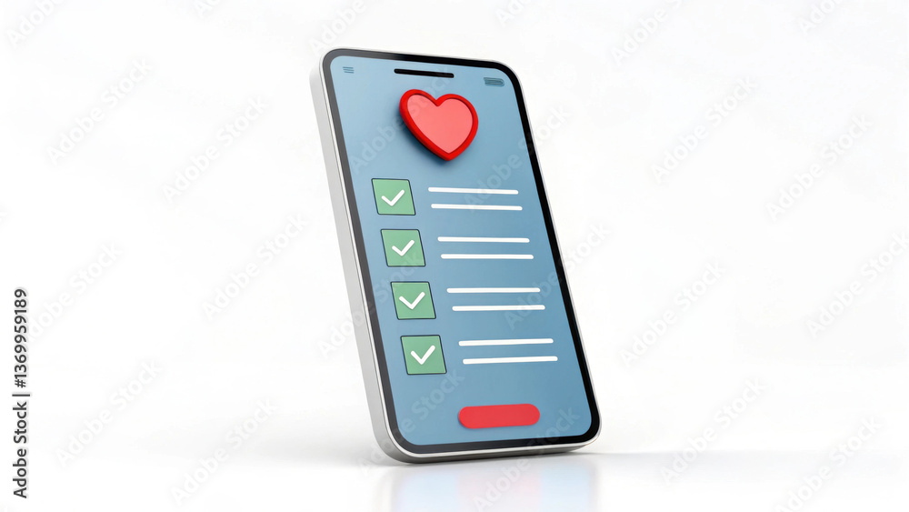 3D illustration of smartphone displaying checklist with green checkmarks and red heart symbol, conveying sense of organization and affection 3D illustration of smartphone displaying checklist with green checkmarks and red heart symbol, conveying sense of organization and affection
