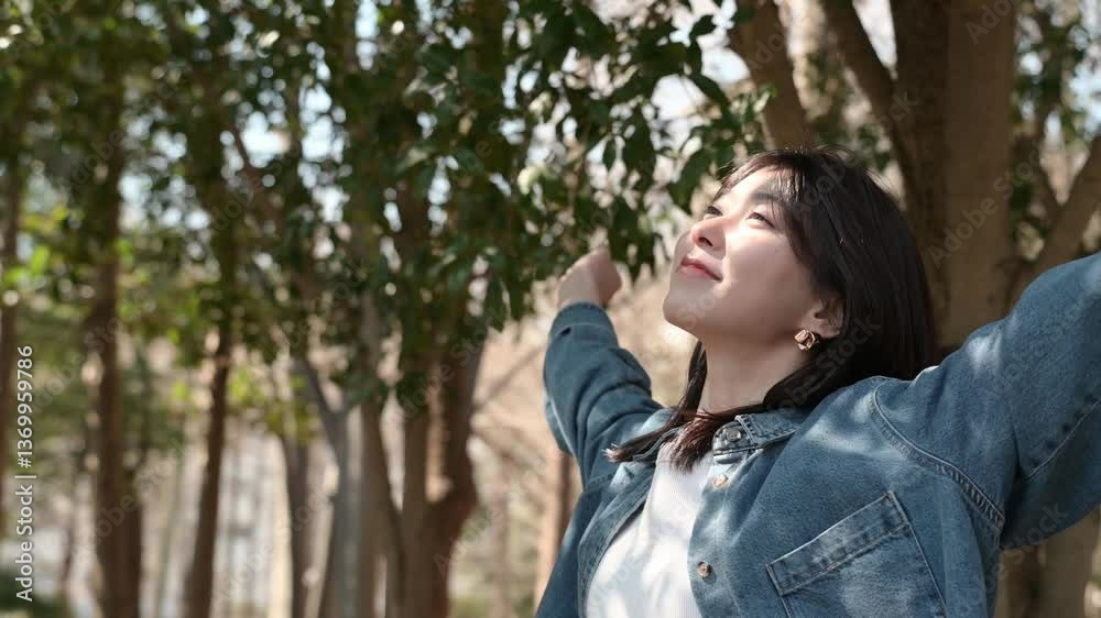 森林浴をする日本人女性 森林浴をする日本人女性