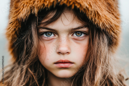 Child reluctant to wear coat in winter landscape, expressing defiance in chilly weather