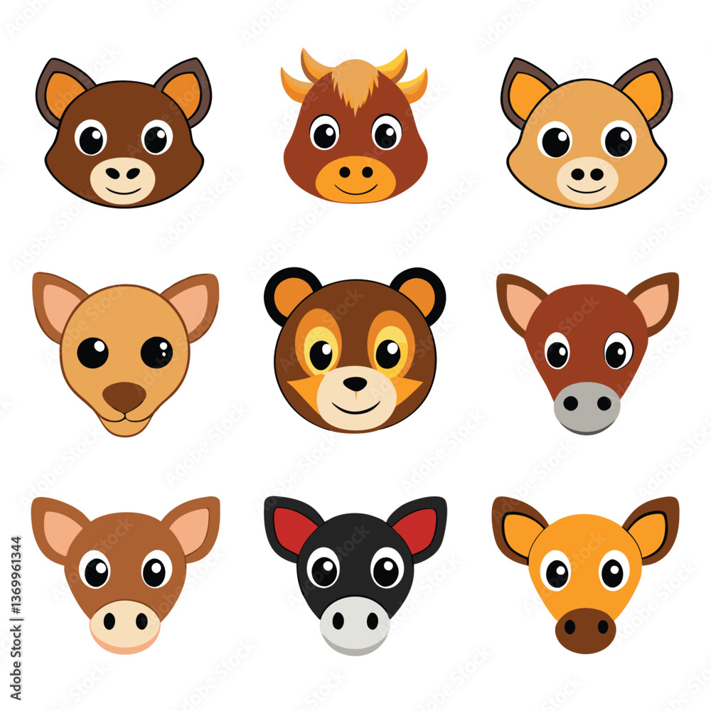 Fototapeta premium Funny animal cartoon collection of cute pet character faces, including cats, dogs, bears, and other baby zoo mammals, in a vector illustration set
