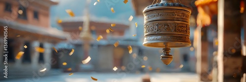 A mesmerizing cinematic visualization of a Tibetan prayer wheel gently rotating surrounded by a swirl of ethereal golden dust particles