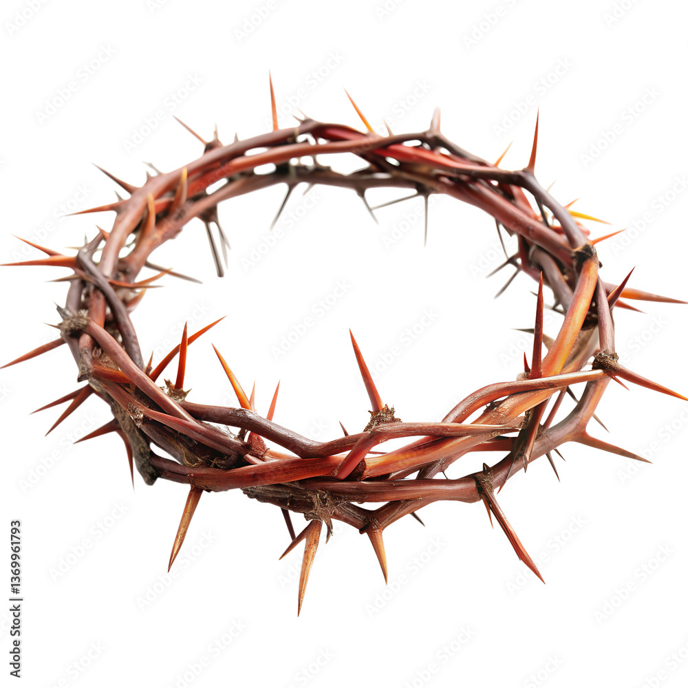 Obraz premium A Detailed Closeup of a Thorny Crown of Christ a Symbol of Sacrifice and Suffering isolated on white or transparent background Generative AI