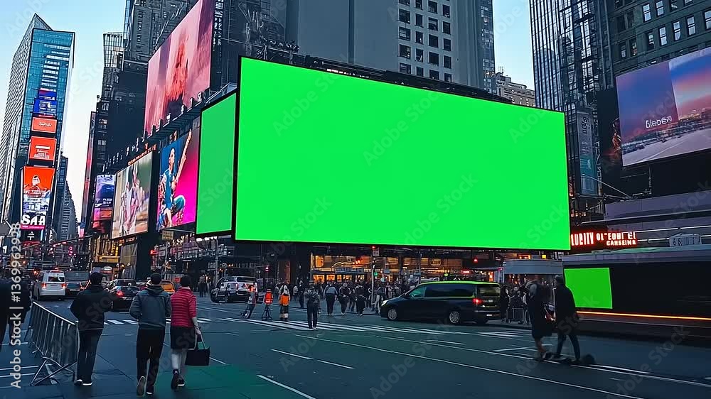 Large blank billboard in Times Square surrounded by busy streets and pedestrians in the city