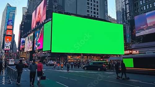 Large blank billboard in Times Square surrounded by busy streets and pedestrians in the city