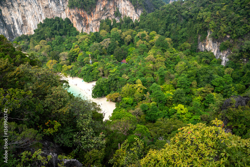 Aerial view of Hong Island blue lagoon and white beach view point 360 degree from top observation deck of the hill in Krabi, Thailand is famous attractions.tourists's destination place