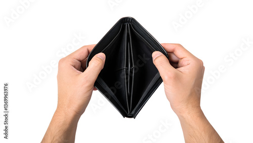 An empty black leather wallet is held open by two hands showing a lack of money or financial hardship isolated on white or transparent background Generative AI