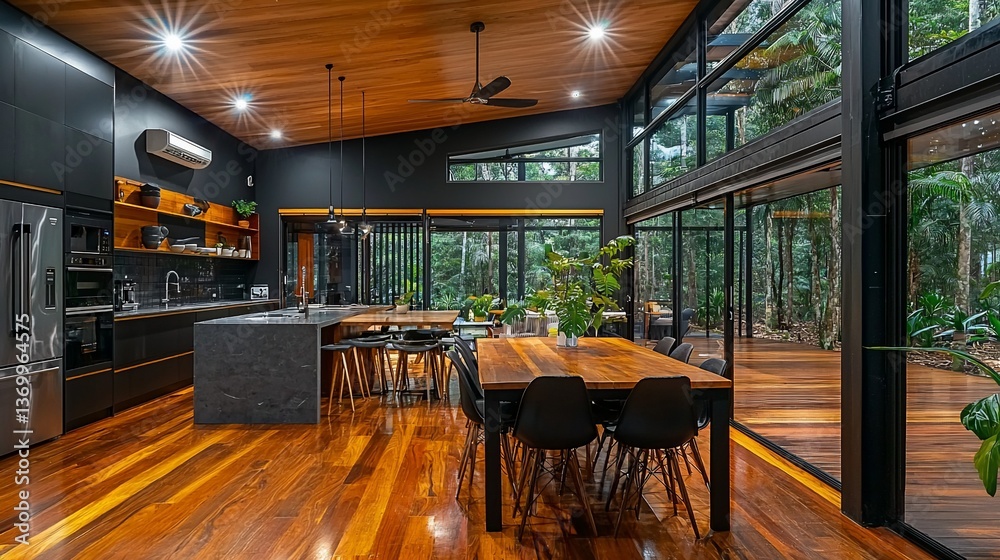 Modern kitchen & dining, rainforest view, open-plan design, luxury home interior Modern kitchen & dining, rainforest view, open-plan design, luxury home interior
