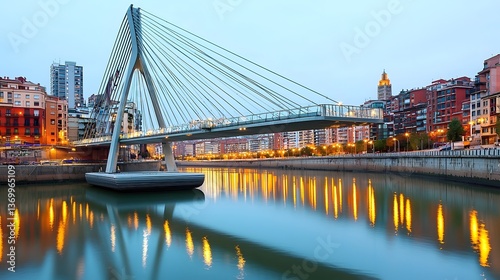 A modern cable stayed bridge spanning a calm body of water its elegant design reflected in the glassy surface as the surrounding cityscape comes alive with vibrant evening lights