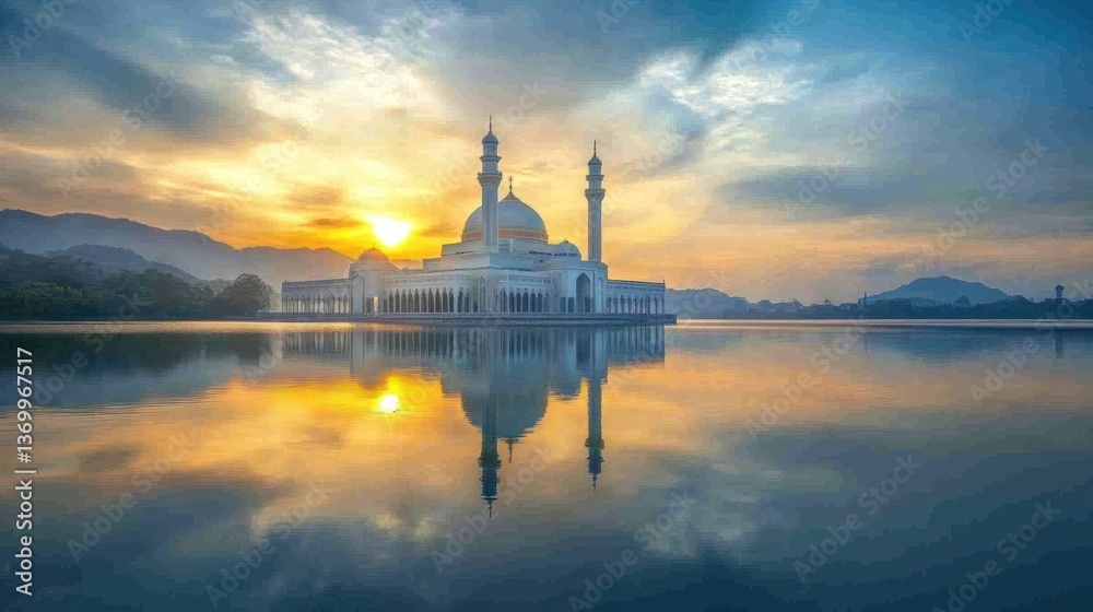 Naklejka premium Serene Dawn Reflection: A Mosque's Tranquil Image on the Water Surface