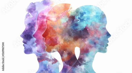 Wallpaper Mural Watercolor human profile heads silhouettes: mental health and emotional transformation concept on white background Torontodigital.ca
