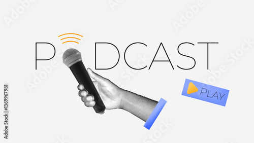 halftone collage, minimal Podcast design with a hand holding a microphone, sound waves, and a play button. SEO, audio streaming, podcast marketing, and digital media branding