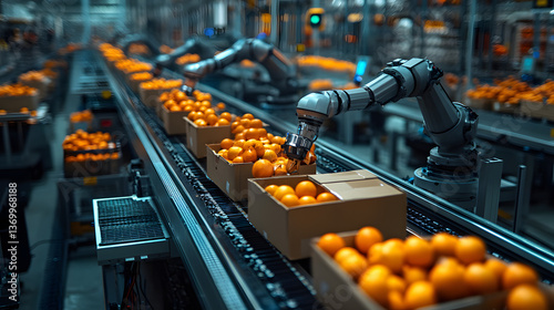 Automated Warehouse with Robotic Arms Handling Packages on a Conveyor System