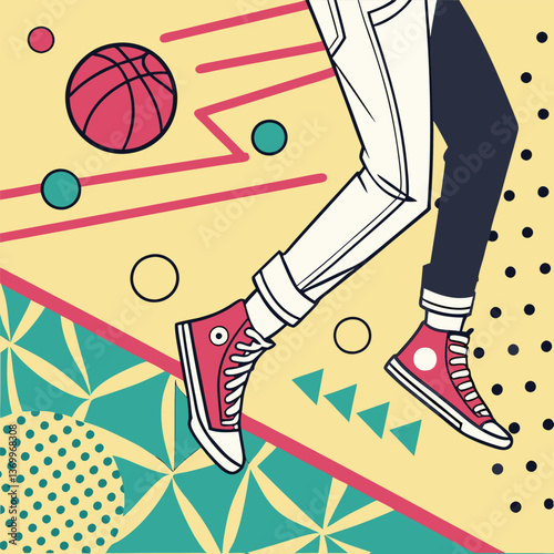 Stylish Sneakers & Basketball: An artistic representation showcasing vibrant red sneakers and a basketball against a lively backdrop