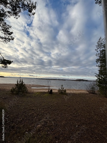 a beach on the shore of a cold lake in cloudy weather in autumn