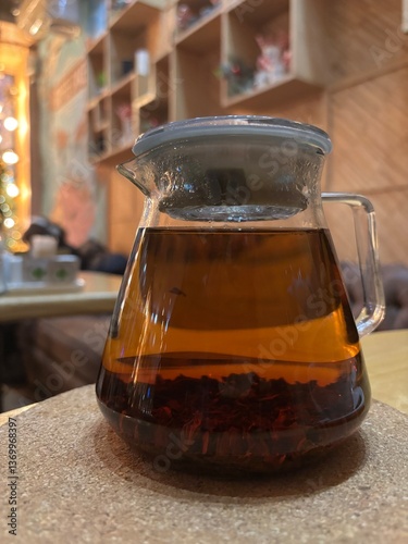 a glass teapot with black tea is ready on the guest's table