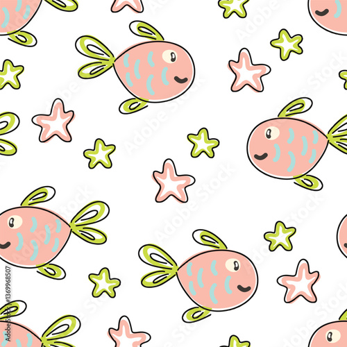 Colorful fish and star shapes create a cheerful kids pattern. Vector illustration