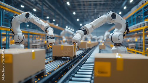 Automated Warehouse with Robotic Arms Handling Packages on a Conveyor System