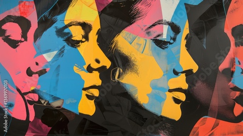 Geometric pop art human faces expressing vibrant emotions in abstract colorful composition. Diversity, psychology concept background