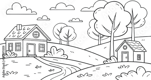 Vector illustration of a house in the forest with rural landscape and village design coloring page