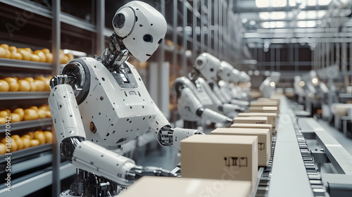 Automated Warehouse with Robotic Arms Handling Packages on a Conveyor System