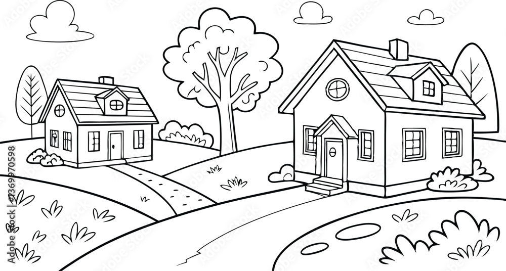 Vector illustration of a house in the forest with rural landscape and village design coloring page Vector illustration of a house in the forest with rural landscape and village design coloring page