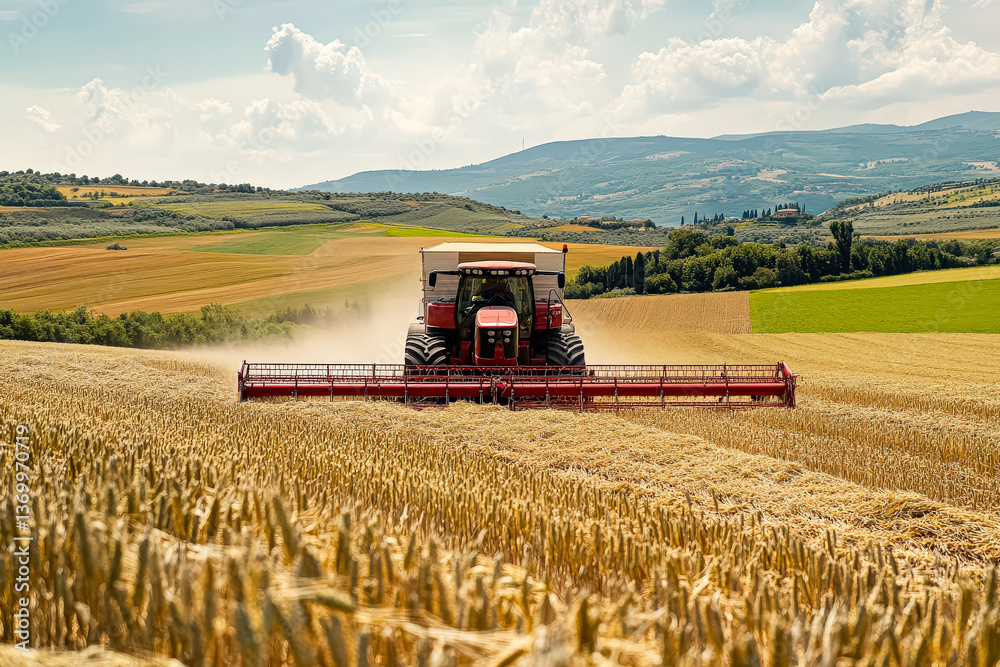 Fototapeta premium Red tractor is driving through a field of wheat. The tractor is surrounded by a cloud of dust, indicating that it is in the process of harvesting the wheat. The scene is peaceful and serene