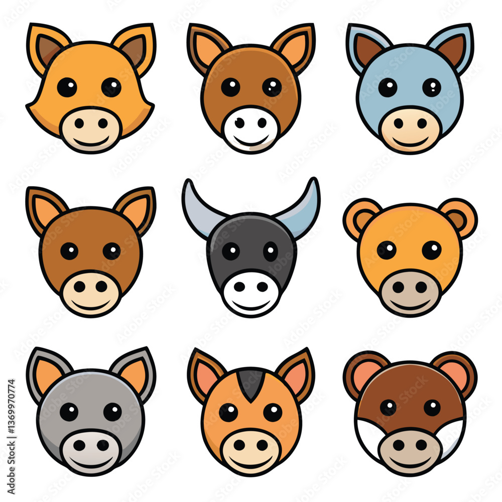 Fototapeta premium Cute cartoon animal faces, simple vector style, kawaii expressions, fox, horse, cat, deer, donkey, bear, mouse, tiger, dog, colorful icons, rounded shapes, minimalist design, children's illustration