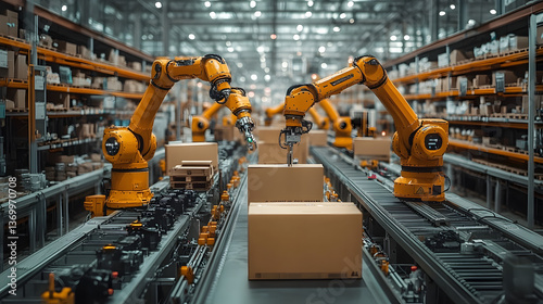 Automated Warehouse with Robotic Arms Handling Packages on a Conveyor System