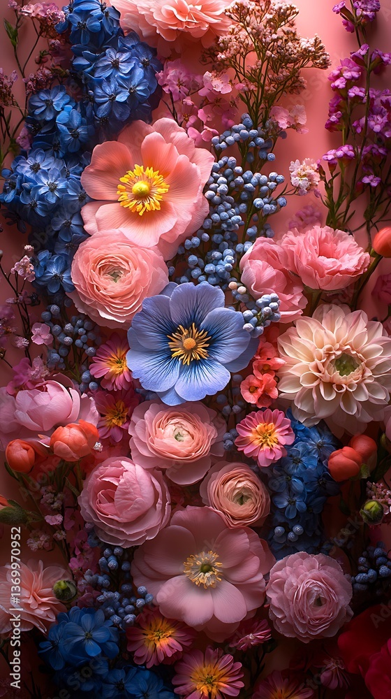 Naklejka premium Colorful Floral Arrangement with Pink, Blue, and Purple Blooms