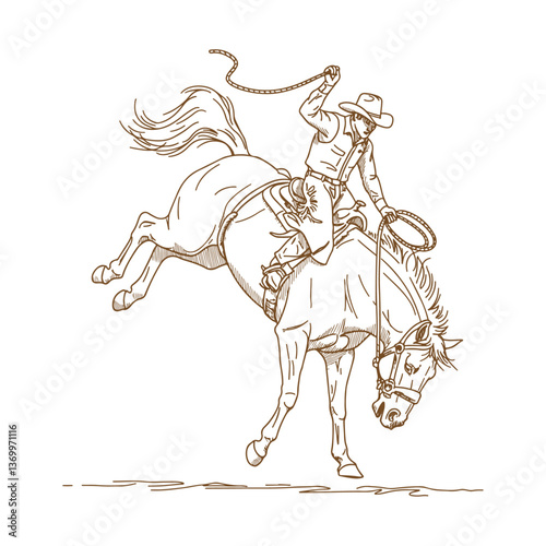 Vintage Rodeo Cowboy Illustration with Wild Bucking Horse – Hand-Drawn Western Art
