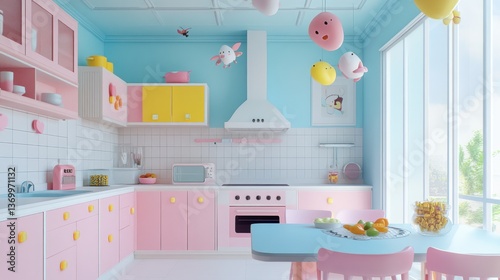 Pastel Kitchen Interior with Decorated Ceiling