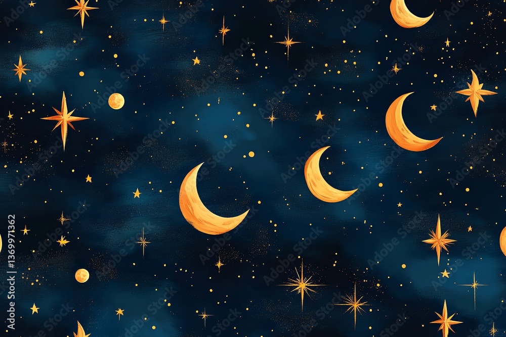 Naklejka premium A vibrant artistic depiction of stars and crescent moons