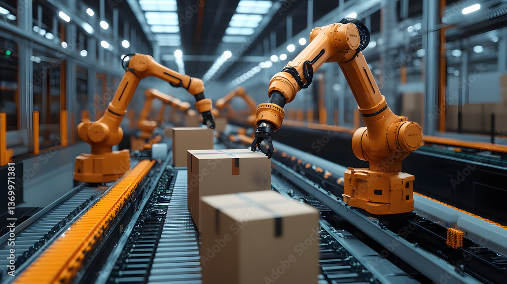 Automated Warehouse with Robotic Arms Handling Packages on a Conveyor System Automated Warehouse with Robotic Arms Handling Packages on a Conveyor System