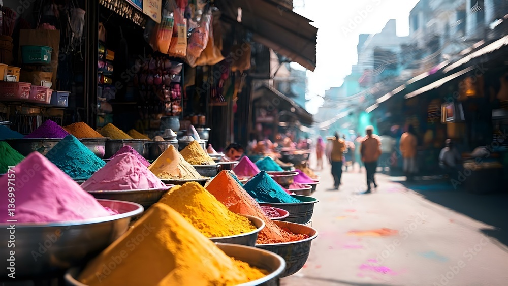 Vibrant piles of colored powders are arranged in baskets on a bustling street market, with blurred figures shopping nearby. Concept Street Market Vibes, Colorful Powders, Cultural Celebration Vibrant piles of colored powders are arranged in baskets on a bustling street market, with blurred figures shopping nearby. Concept Street Market Vibes, Colorful Powders, Cultural Celebration