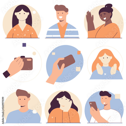 Portrait illustrations, diverse characters, flat design, pastel colors, minimalist style, social media avatars, multicultural faces, geometric shapes, hand gestures, photography actions