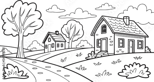 Sketch of a house in the forest with simple architectural design coloring page