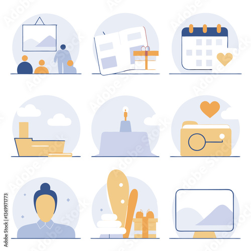 Minimalist icons, flat design, pastel colors, blue and orange palette, business and productivity concepts, data analytics, document management, calendar planning, email communication, task completion