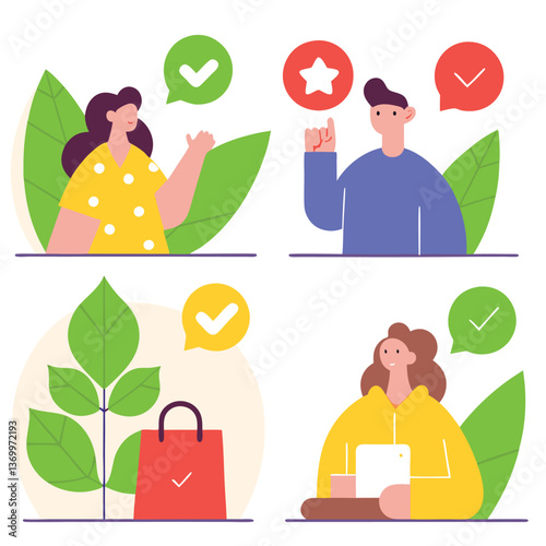 Colorful illustration, flat design characters, positive feedback icons, green leaves, yellow polka dot shirt, red shopping bag, customer satisfaction, user reviews, online shopping experience
