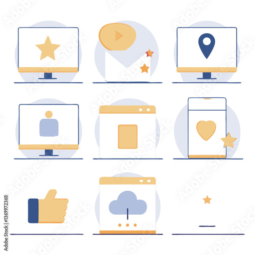 Simple line art icons, computer screens, digital symbols, social media concepts, minimalist design, pastel colors, blue and yellow accents, flat illustration style, technology interface elements