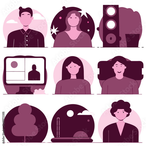 Stylized portraits, purple and pink color scheme, minimalist design, abstract backgrounds, diverse facial expressions, geometric shapes, profile views, front-facing portraits, vintage television set