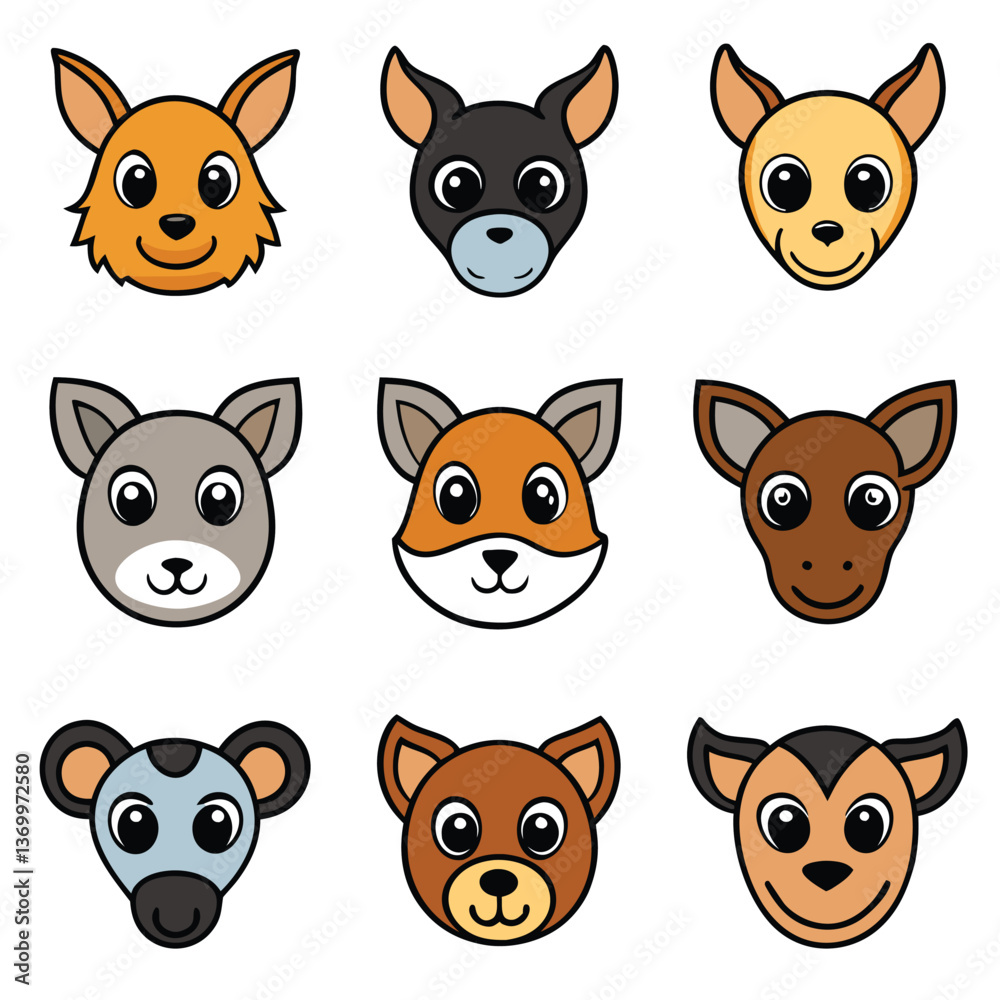 Fototapeta premium Cute cartoon animal faces, simple vector style, kawaii expressions, rounded ears, big eyes, colorful emoji-like designs, dog breeds, fox, bear, kangaroo, wolf, chihuahua, grid layout, white background