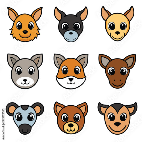 Cute cartoon animal faces, simple vector style, kawaii expressions, rounded ears, big eyes, colorful emoji-like designs, dog breeds, fox, bear, kangaroo, wolf, chihuahua, grid layout, white background