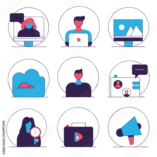 Flat design icons, social media concepts, digital marketing elements, blue and pink color scheme, circular frames, computer screens, laptop user, cloud storage, user profile, messaging bubbles