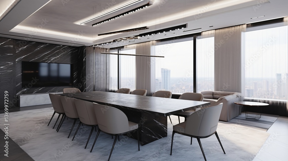 Fototapeta premium Luxurious Modern Penthouse Apartment Dining Room with City View