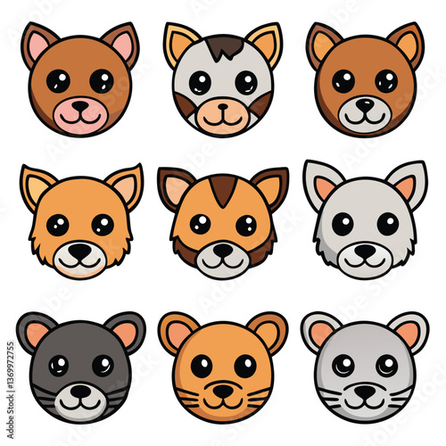 Cute cartoon animal faces, kawaii style, cat and dog emojis, simple vector illustrations, rounded shapes, expressive eyes, vibrant colors, flat design, grid layout, orange, brown, gray, white colors, 