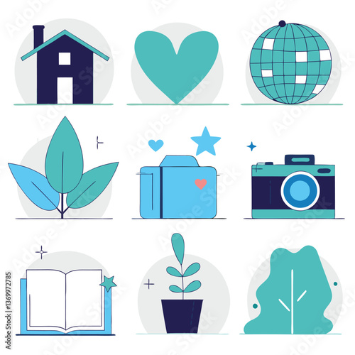 Flat icons, minimalist design, teal and navy color palette, home symbol, heart shape, disco ball, leaves, luggage, camera, open book, potted plant, tree silhouette, vector graphics, clean lines, geome