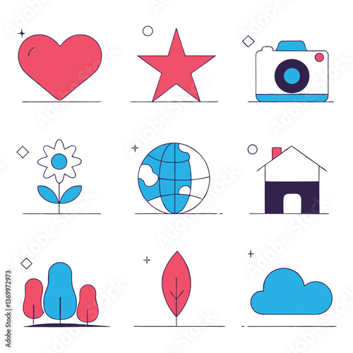 Flat design icons, colorful vector illustrations, social media symbols, simple geometric shapes, heart icon, star icon, camera icon, flower icon, globe icon, house icon, trees icon, leaf icon, cloud i