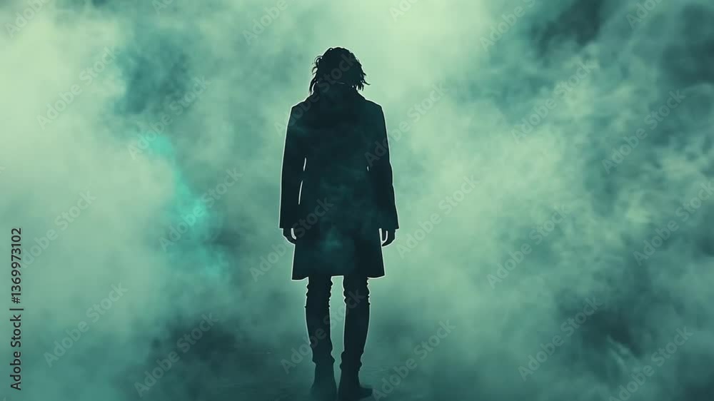 Silhouette figure in misty fog; mystery, horror Silhouette figure in misty fog; mystery, horror