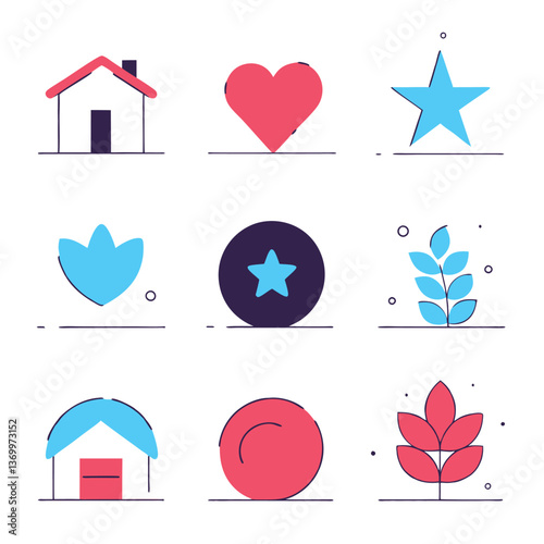 Minimalist icons, flat design, red and blue color scheme, house symbol, heart shape, star icon, leaf motif, circle elements, simple geometric forms, clean lines, white background, grid layout, subtle 